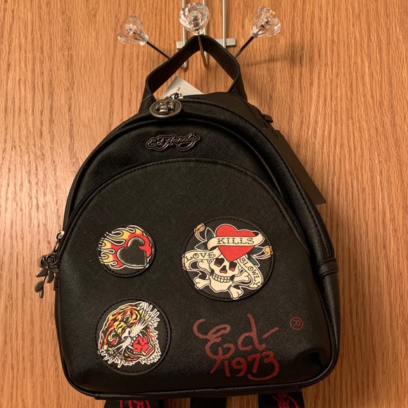 Ed Hardy Black Backpack with Bold Patches Fully adjustable Straps Vegan - Picture 2 of 7